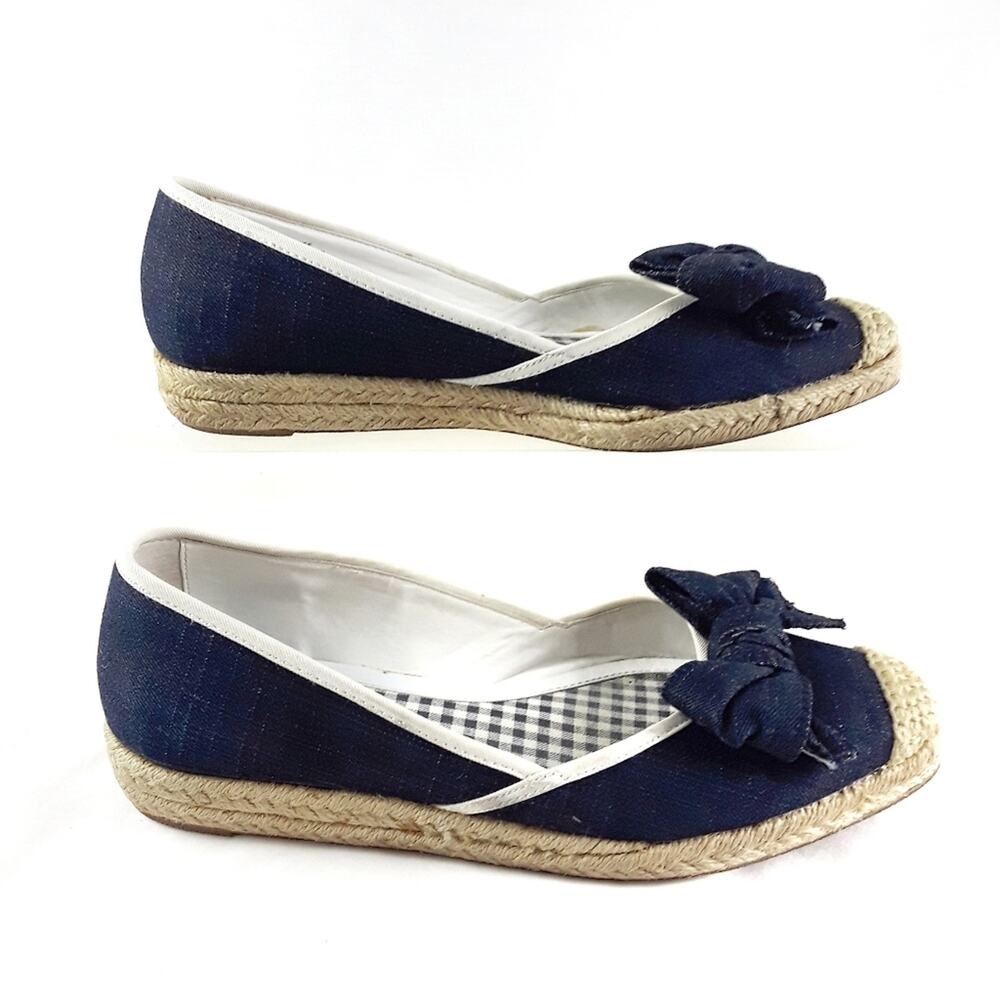 LIZ & CO Denim Wedge Espadrilles Flats Size 8.5M Bow Preppy Coastal Nautical - Picture 4 of 9